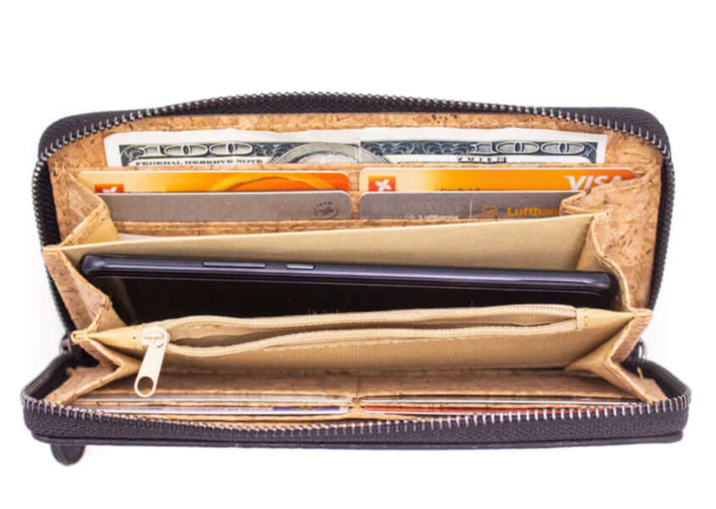 Zippered cork wristlet wallet