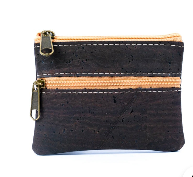 Cork dual zipper coin purse