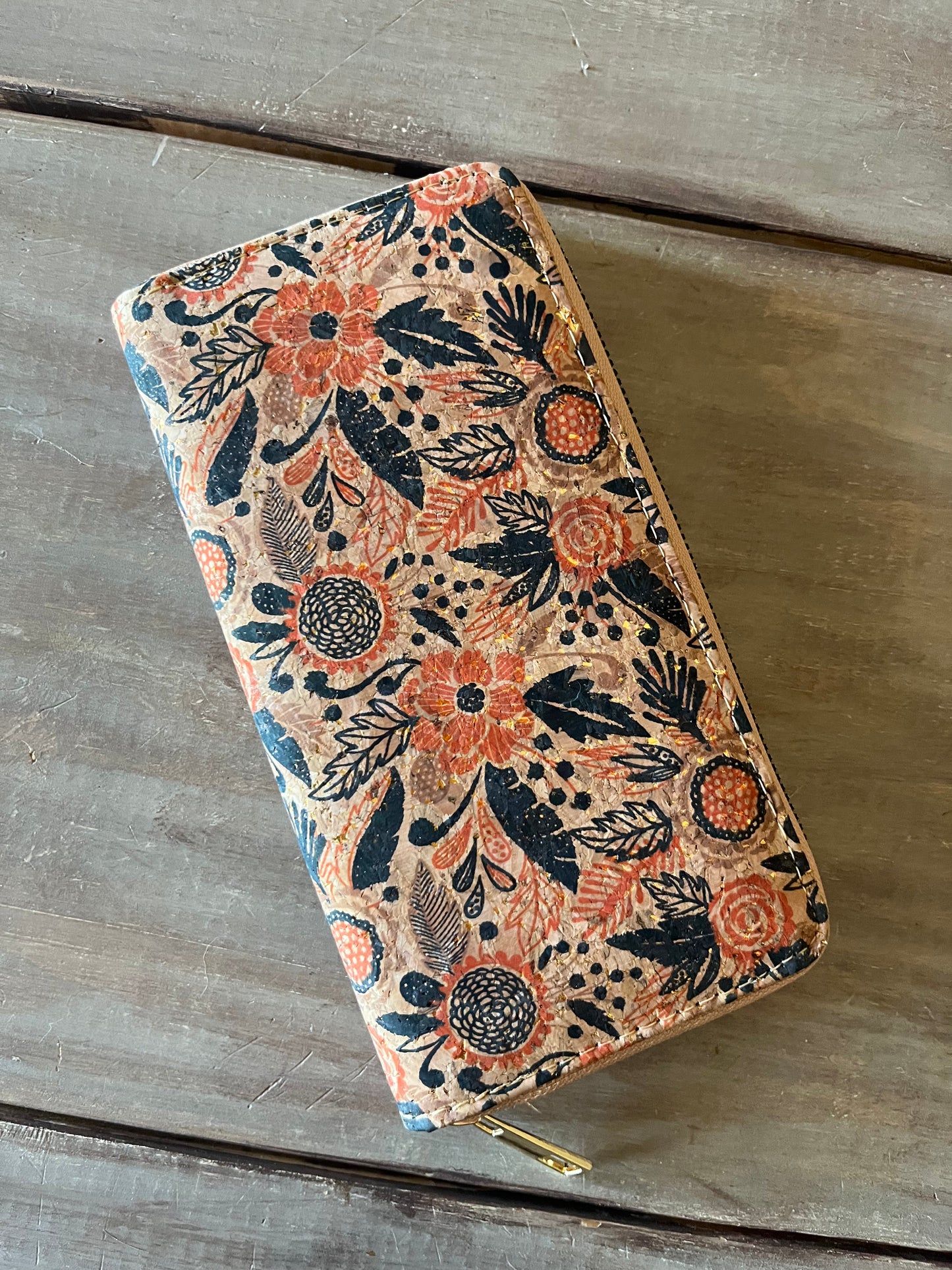 Orange floral  cork wallet