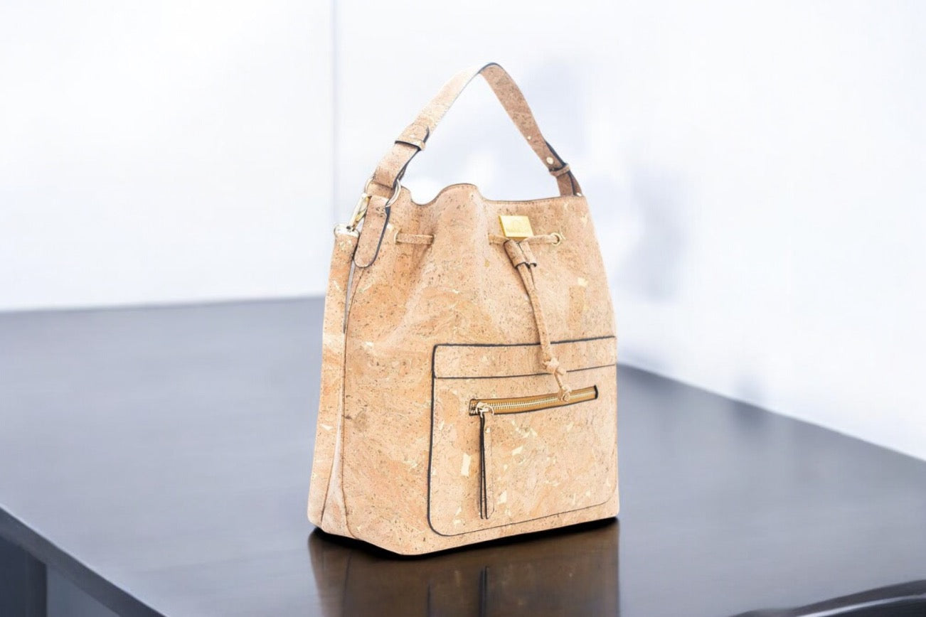 Cork drawstring bucket handbag