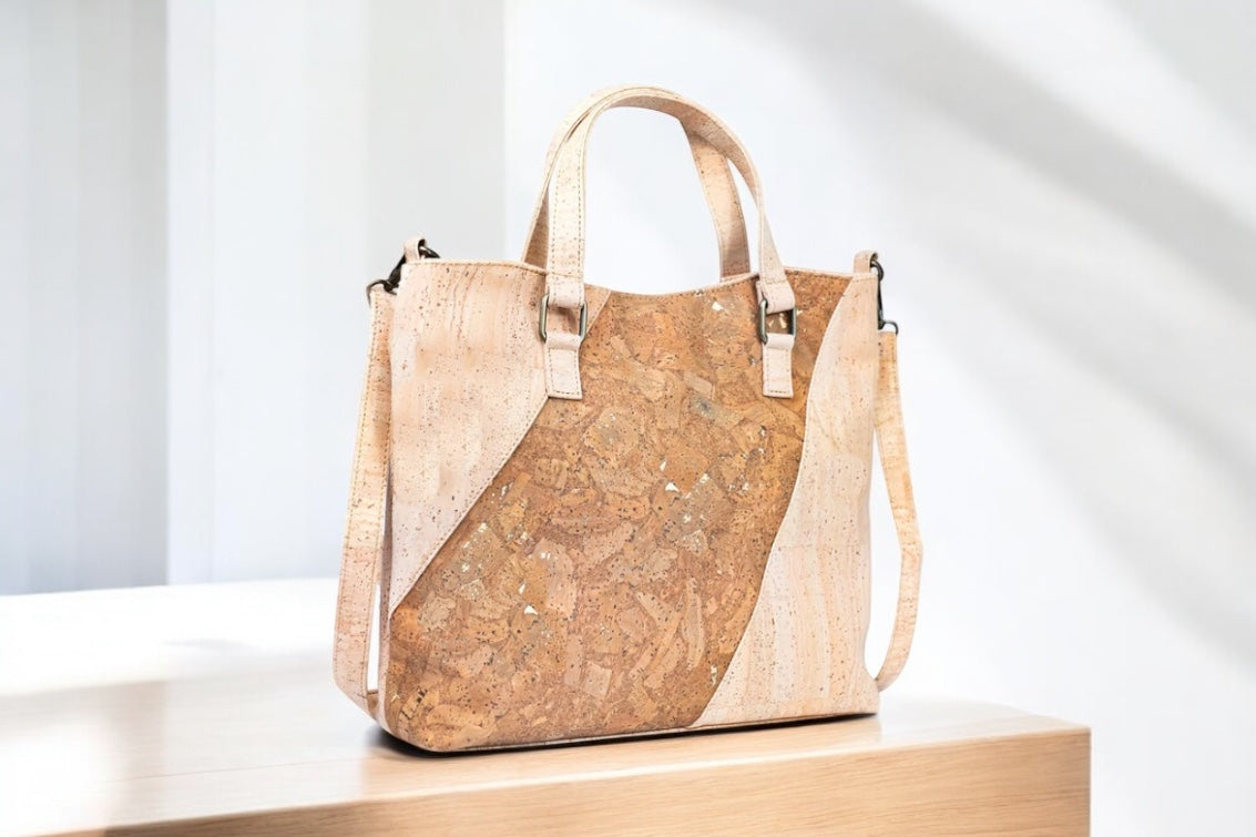 Geometric pattern cork handbag